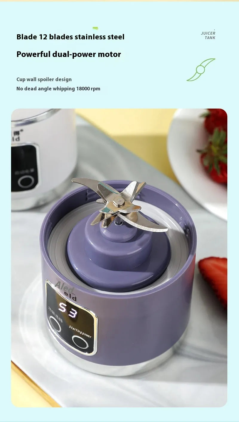Purple USB rechargeable portable blender with 8 stainless steel blades, compact design, and USB charging port for on-the-go blending.