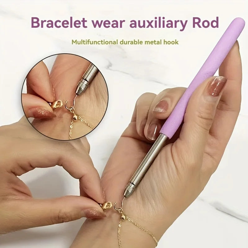 Purple Help Wear Bracelet Tool for jewelry fastening and unfastening, includes pliers, hooks, clasps, and zipper craft accessories.
