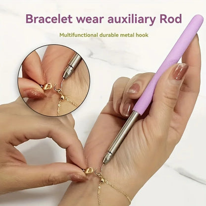 Purple Help Wear Bracelet Tool for jewelry fastening and unfastening, includes pliers, hooks, clasps, and zipper craft accessories.