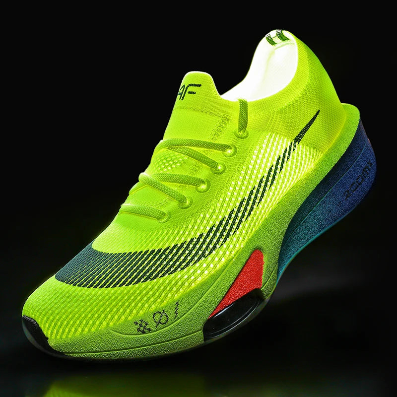 Purple men's lightweight sport shoes with breathable mesh, anti-slip soles, lace-up design, and soft carbon plate for summer and autumn.