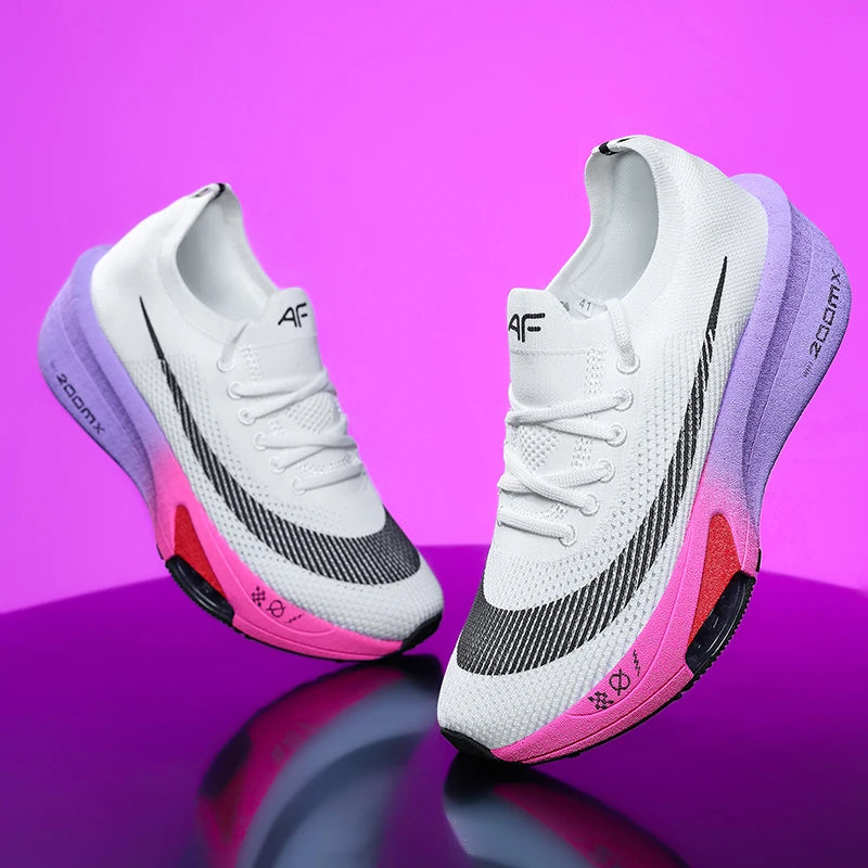 Purple BackupMyFilesNow.com men's lightweight sport shoes with breathable mesh, soft carbon plate, anti-slip sole, lace-up design.