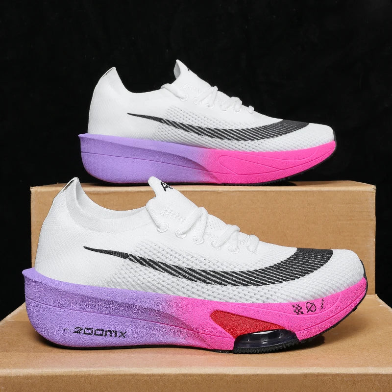 Purple men's lightweight sport shoes with anti-slip soles, breathable mesh, soft carbon plate, and lace-up design for summer and autumn.