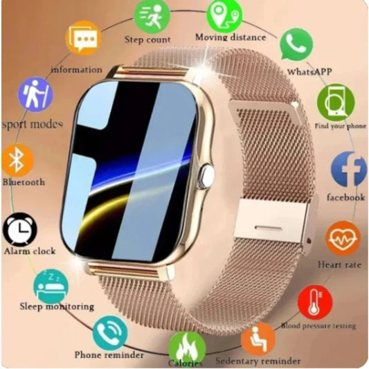 Purple BackupMyFilesNow.com smart watch for Android phones with 1.44-inch color touch screen, Bluetooth calls, and magnetic charging.
