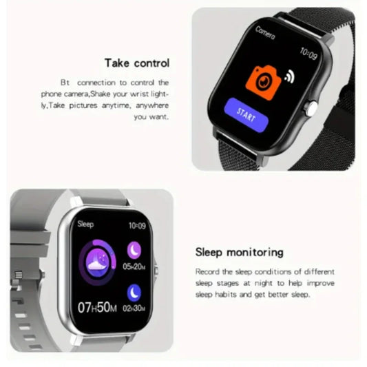 Purple BackupMyFilesNow.com smart watch for Android with 1.44-inch color touch screen, Bluetooth calling, and magnetic charging.