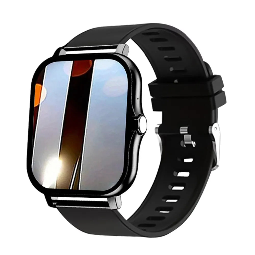 Purple BackupMyFilesNow.com smart watch for Android phones with 1.44-inch color screen, full touch, Bluetooth calls, and magnetic charging