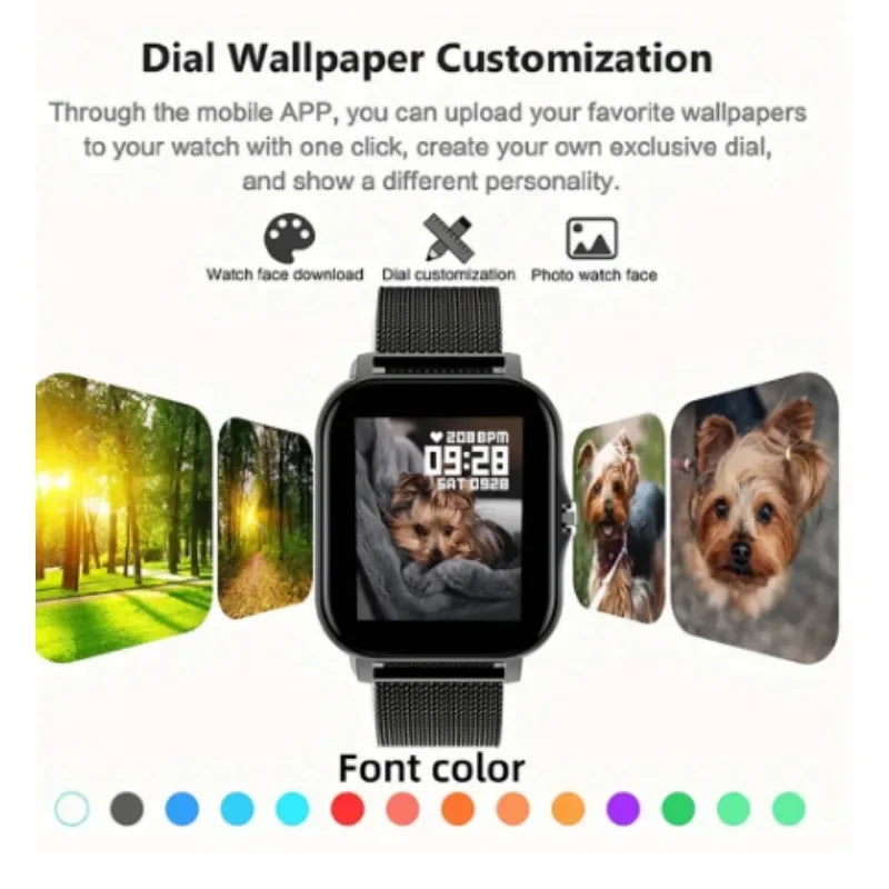 Purple BackupMyFilesNow.com smart watch for Android phones with 1.44-inch color touch screen, Bluetooth call, and magnetic charging.