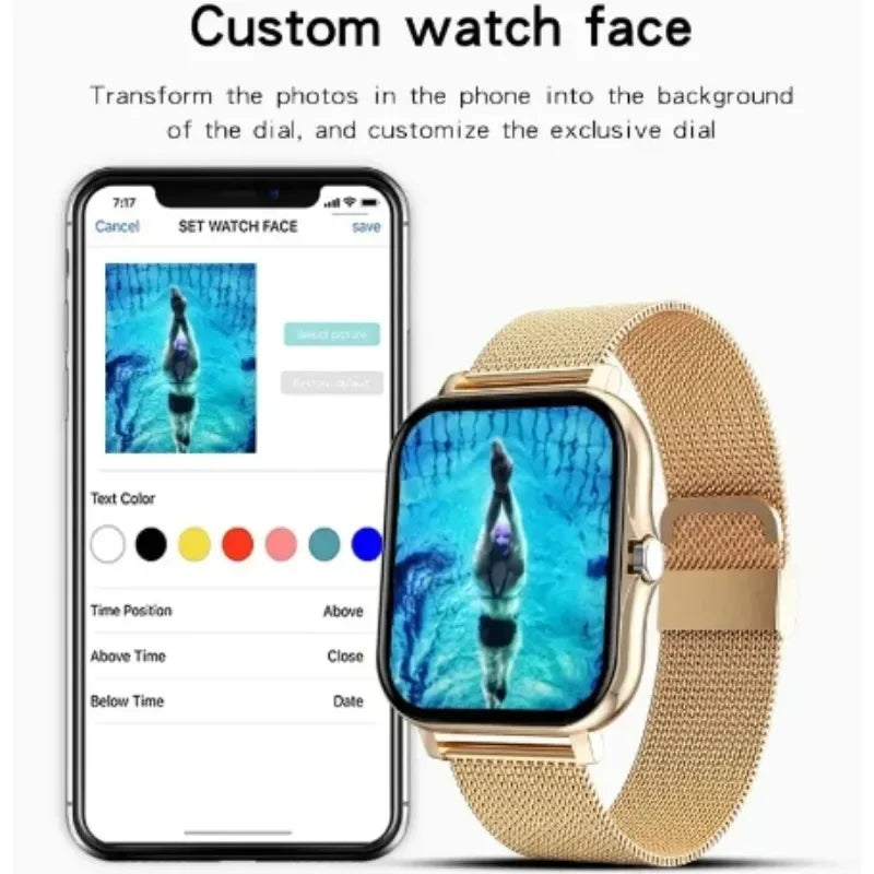 Purple smart watch for Android phones with 1.44-inch color touchscreen, Bluetooth calling, and magnetic charging.