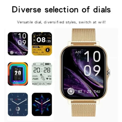 Purple Android smart watch with 1.44-inch color touchscreen, Bluetooth call, full touch interface, and magnetic charging.