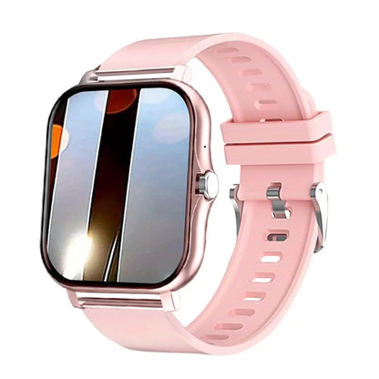 Purple BackupMyFilesNow.com smart watch with 1.44-inch color full-touch screen, Bluetooth call, and magnetic charging for Android phones.