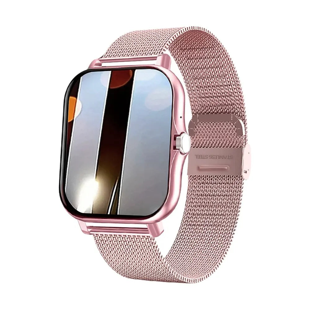 Purple Android smartwatch with 1.44-inch color touchscreen, Bluetooth calling, full touch interface, and magnetic charging.