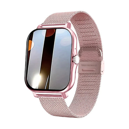 Purple Android smartwatch with 1.44-inch color touchscreen, Bluetooth calling, full touch interface, and magnetic charging.
