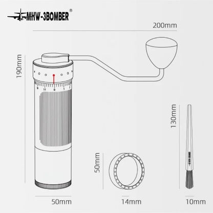Black MHW-3BOMBER manual coffee bean grinder with stainless steel conical burrs, adjustable grind settings, ideal for baristas.