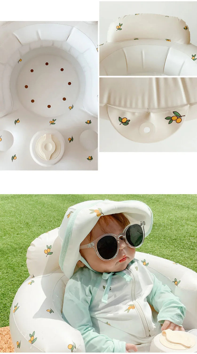 Inflatable rainbow baby chair for dining and bath, designed for infants, featuring colorful, soft, and safe seating.