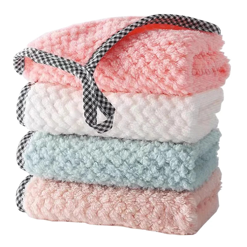 Set of microfiber kitchen towels from BackupMyFilesNow.com, colorful, hangable, absorbent cleaning cloths for dishes and household use.