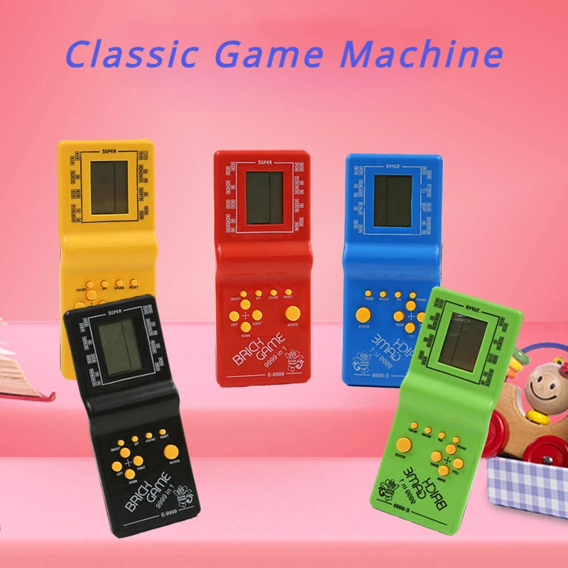 Colorful classic handheld game machine by BackupMyFilesNow.com featuring brick games, kids' games, and music playback functionality.