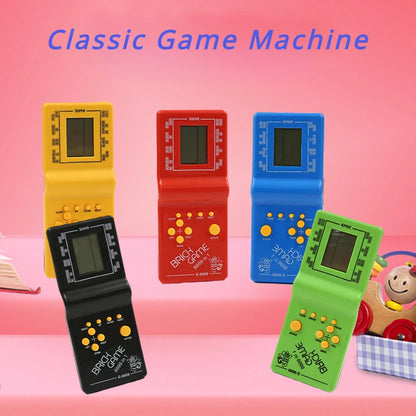 Colorful classic handheld game machine by BackupMyFilesNow.com featuring brick games, kids' games, and music playback functionality.