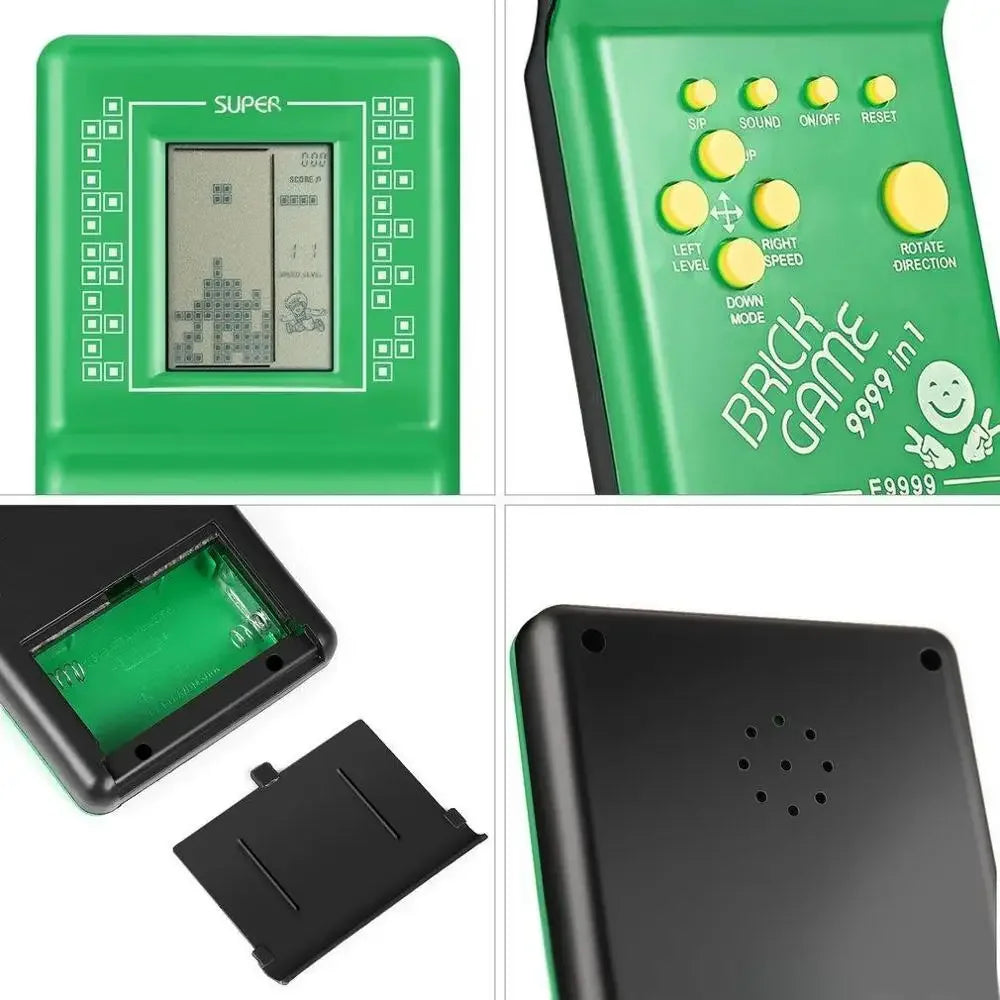 Colorful classic handheld game machine by BackupMyFilesNow.com featuring brick games, music playback, and kids' gaming fun.
