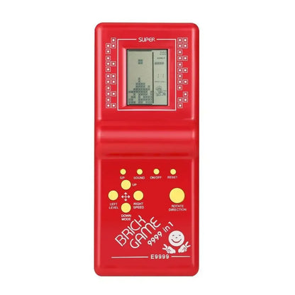 Classic handheld brick game machine for kids featuring built-in games and music playback, with colorful buttons and screen display.