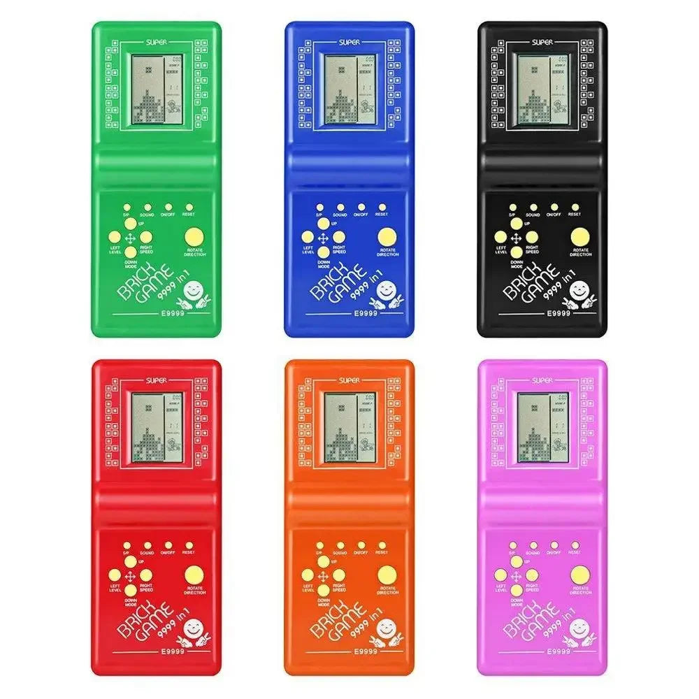 Classic handheld brick game machine for kids by BackupMyFilesNow.com, featuring colorful design, game controls, and music playback.