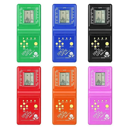 Classic handheld brick game machine for kids by BackupMyFilesNow.com, featuring colorful design, game controls, and music playback.