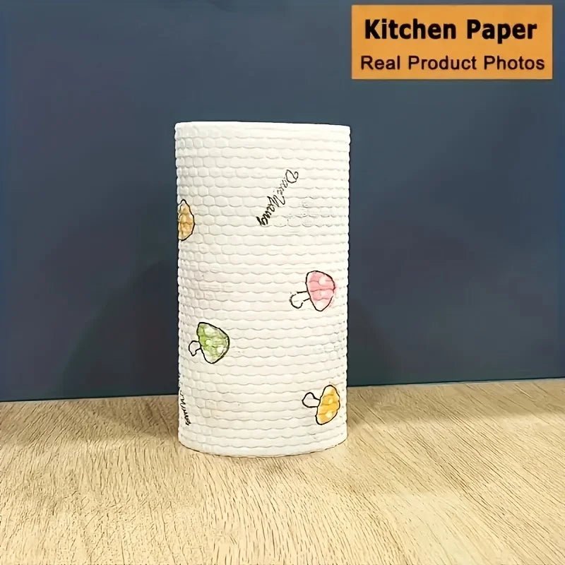 Washable kitchen paper roll with 200 sheets, reusable cleaning cloths in various patterns, 8x8 inches, for home and travel use.