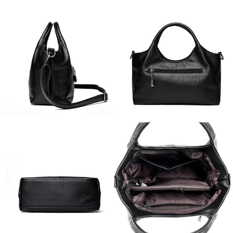 Red large capacity leather women’s tote bag with soft leather finish, shoulder strap, and stylish design for fashionable ladies.