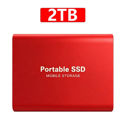 Red 2TB portable SSD external hard drive by BackupMyFilesNow.com with USB 3.1, high-speed solid state storage for laptops and PCs.