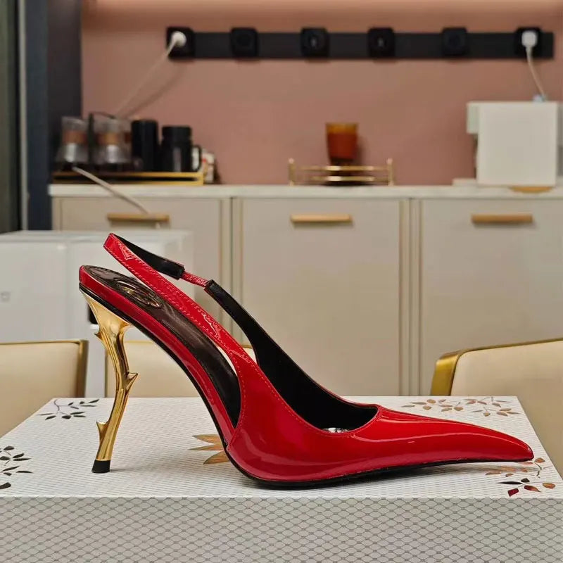 Red high-heeled pointed women's sandals by BACKUPMYFILESNOW.COM®, suitable for summer, fashion parties, and weddings.