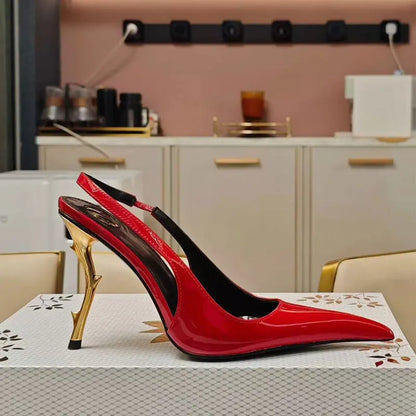 Red high-heeled pointed women's sandals by BACKUPMYFILESNOW.COM®, suitable for summer, fashion parties, and weddings.