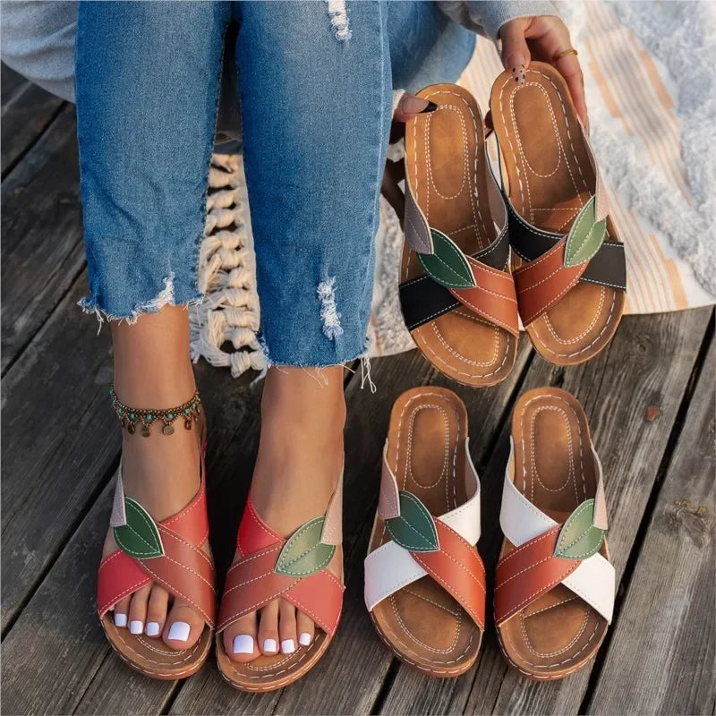 Red summer women's wedge sandals by BackupMyFilesNow.com featuring slip-resistant soles and open-toe slide design.