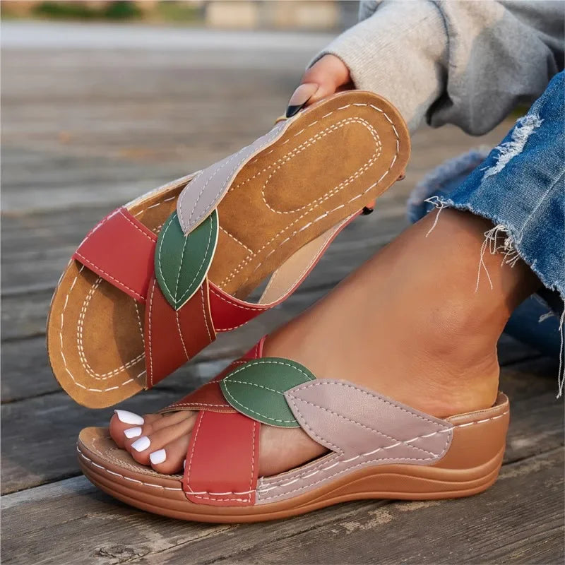 Red women's summer wedge sandals with non-slip soles, slides style, perfect for parties and casual wear.