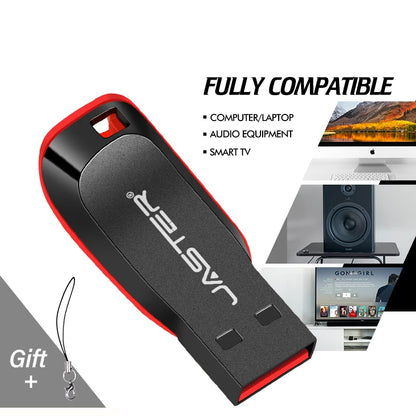 Red plastic USB flash drive with key ring, available in 128MB, 4GB, 16GB, and 32GB, suitable for car, TV, and computer use.