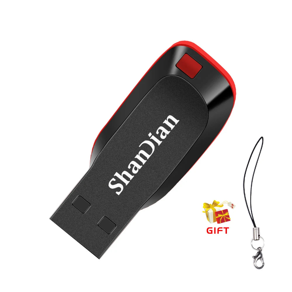 Red plastic USB flash drive with key ring, available in 128MB to 32GB, for car, TV, and computer storage by BackupMyFilesNow.com