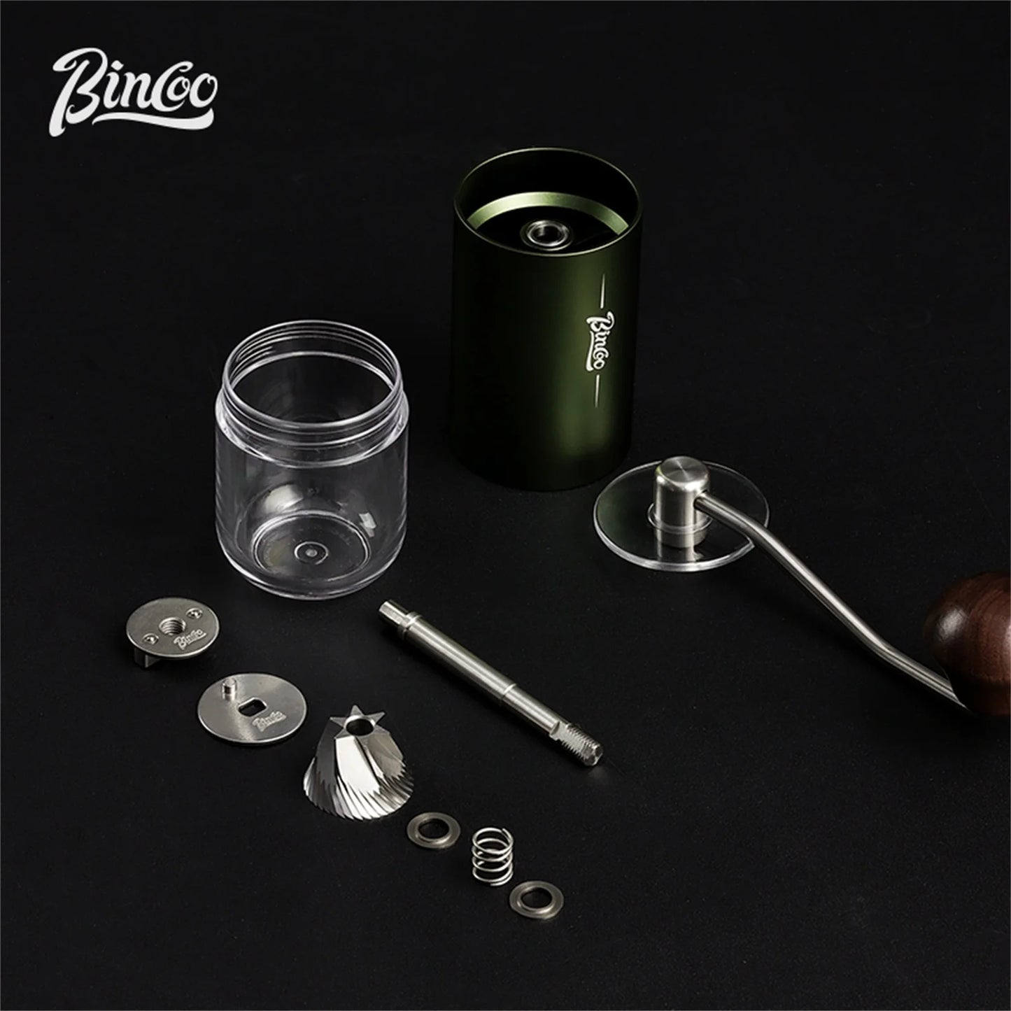 Bincoo visual manual coffee bean grinder with stainless steel burrs, portable CNC design, ideal for baristas and coffee enthusiasts.