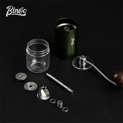 Bincoo visual manual coffee bean grinder with stainless steel burrs, portable CNC design, ideal for baristas and coffee enthusiasts.