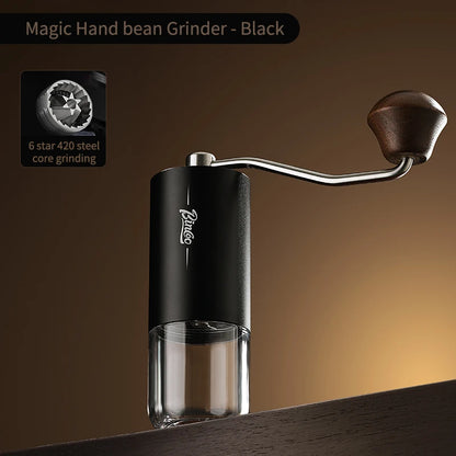 Bincoo Visual Manual Coffee Bean Grinder with stainless steel burrs, portable CNC design, hand crank for fresh coffee grinding.