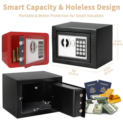 Red digital metal security safe by BackupMyFilesNow.com, electronic hotel safe with high-security features and digital keypad.