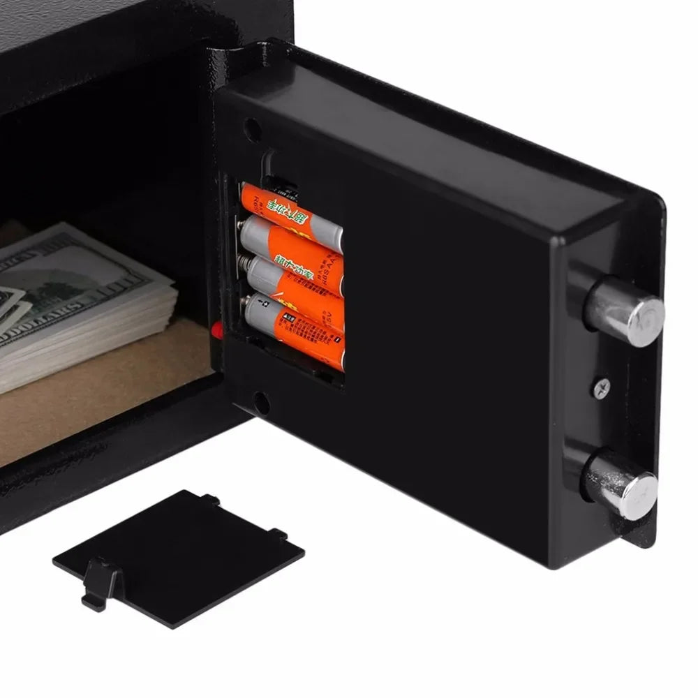 Red electronic metal security safe from BackupMyFilesNow.com, digital lock, high security for hotel storage, sturdy and secure.
