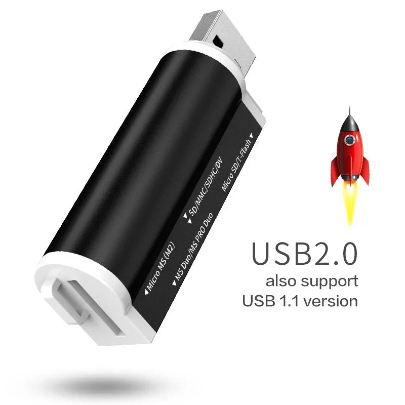 Red high-speed USB 2.0 card reader for Micro SD, SDHC, TF, MMC, M2, and Memory Stick, compatible with PC and laptops.