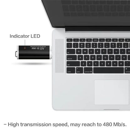 High-speed USB 2.0 card reader from BackupMyFilesNow.com with multiple slots for Micro SD, SDHC, TF, MMC, M2, and Memory Stick.