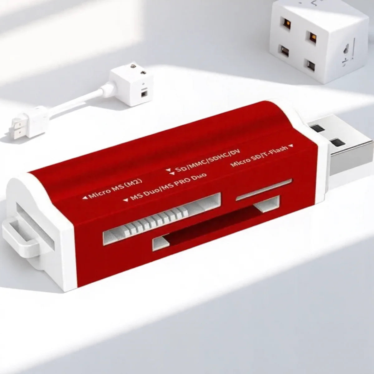 Red BackupMyFilesNow high-speed USB 2.0 card reader with multiple slots for Micro SD, SDHC, TF, MMC, M2, and Memory Stick.