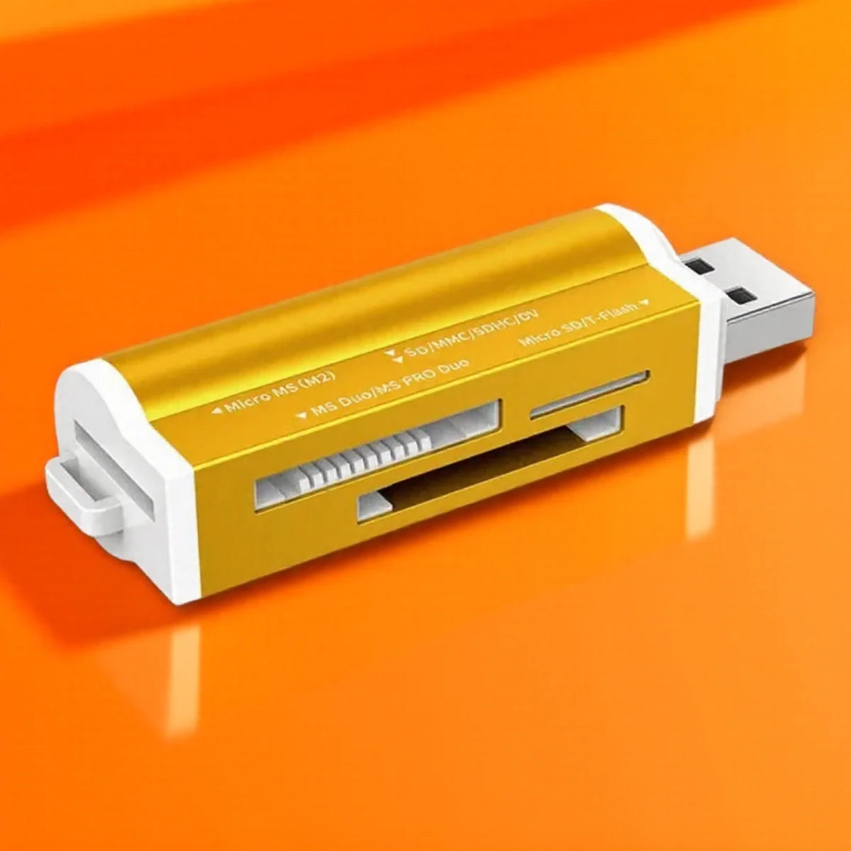 Red BackupMyFilesNow.com high-speed USB 2.0 card reader with multiple slots for Micro SD, SDHC, TF, MMC, and M2 memory cards.