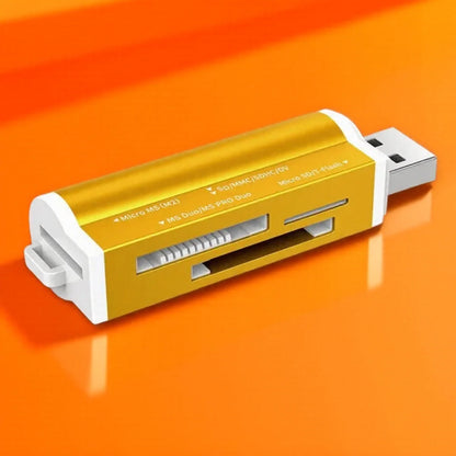Red BackupMyFilesNow.com high-speed USB 2.0 card reader with multiple slots for Micro SD, SDHC, TF, MMC, and M2 memory cards.