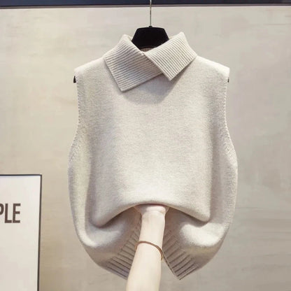 Red high-neck sleeveless ladies sweater vest jacket, solid color knitting pullover waistcoat, stylish spring-autumn women's top