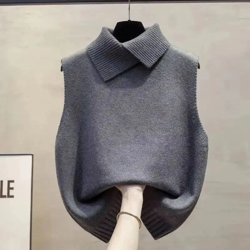 Red high-neck sleeveless sweater vest jacket for women, stylish knitting pullover waistcoat, ideal for spring and autumn.