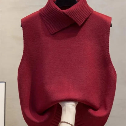 Red high-neck sleeveless ladies sweater vest jacket, solid color, knit pullover waistcoat top for spring and autumn.