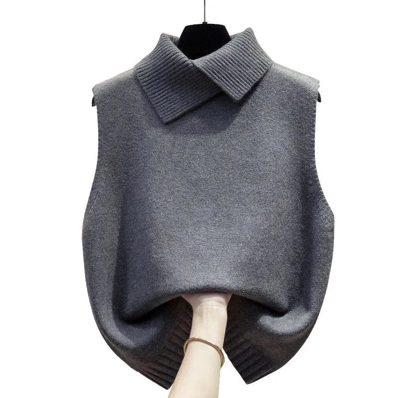 Red high-neck sleeveless ladies sweater vest jacket, solid color knitting pullover, stylish women's waistcoat top for spring and autumn.