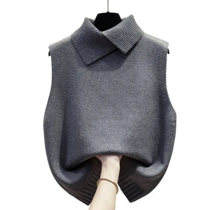 Red high-neck sleeveless ladies sweater vest jacket, solid color knitting pullover, stylish women's waistcoat top for spring and autumn.