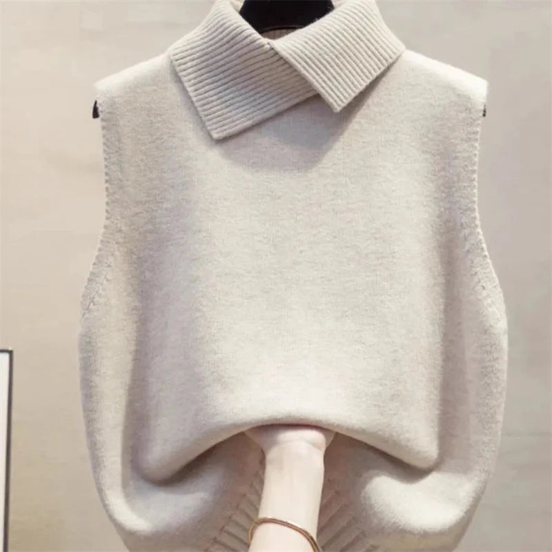 Red high-neck sleeveless women's sweater vest jacket, solid color knitting pullover waistcoat top for spring and autumn.