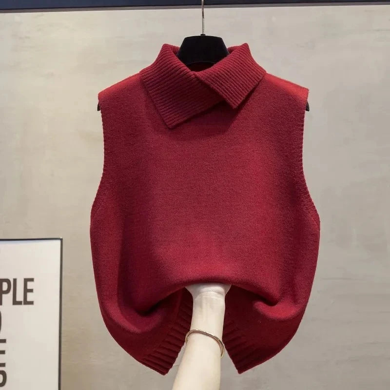 Red high-neck sleeveless ladies sweater vest jacket, solid color knitting pullover waistcoat top for spring and autumn.
